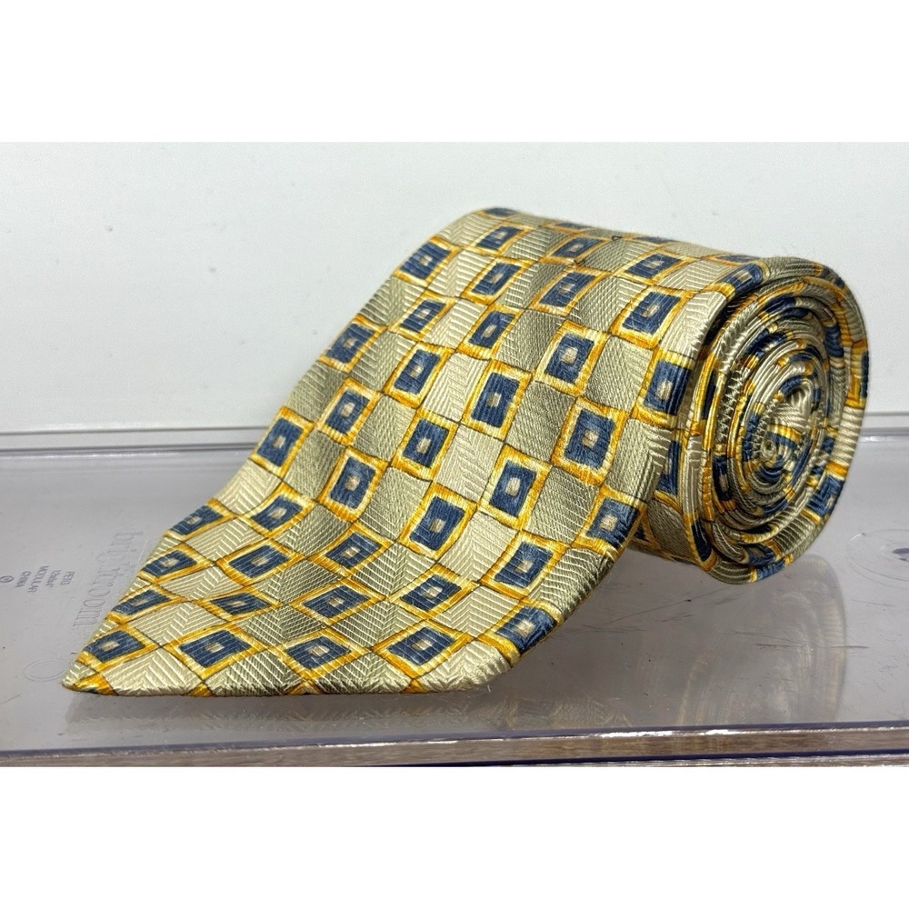 ERMENEGILDO ZEGNA Men's Silk Necktie ITALY Luxury Geometric Gold/Blue/Ivory EUC